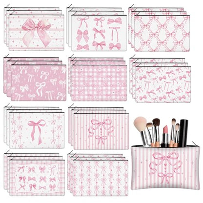 30 Pcs Pink Bow Makeup Bags Coquette Cosmetic Zipper Pouches with Elegant Pink Bow Makeup Bag Bulk Canvas Cosmetic Travel Toiletry Pouch for Women Bridesmaids Wedding Favors - style: Pink Bow
