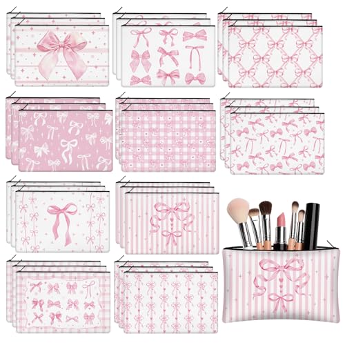 30 Pcs Pink Bow Makeup Bags Coquette Cosmetic Zipper Pouches with Elegant Pink Bow Makeup Bag Bulk Canvas Cosmetic Travel Toiletry Pouch for Women Bridesmaids Wedding Favors - style: Pink Bow