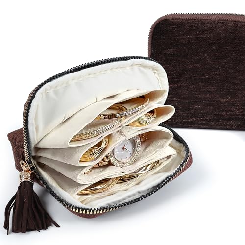 LOTOFUN Jewelry Organizer Case for Travel: 5-Layer Velvet Zipper Pouch Bag for Bangles Link Bracelets Storage Protect from Tangle Scratch (Chocolate Brown) - color: Chocolate Brown