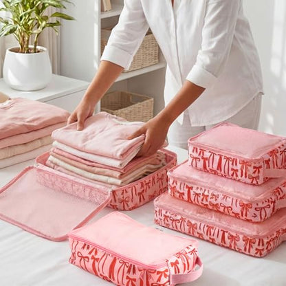 Shinylin 3 Pack Compression Packing Cubes for Travel 3 Size Clothing Bags with Mesh Window for Travel Home Underwear Clothes Accessories Organization Women(Pink bow) - style: Pink bow