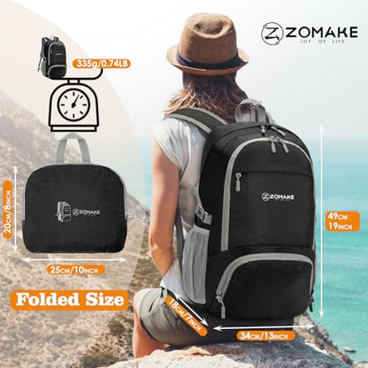 ZOMAKE Lightweight Packable Backpack 30L, Foldable Hiking Backpacks Water Resistant Compact Folding Daypack for Travel(Pure Black) - color: Pure Black