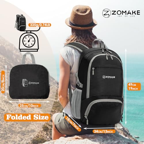 ZOMAKE Lightweight Packable Backpack 30L, Foldable Hiking Backpacks Water Resistant Compact Folding Daypack for Travel(Pure Black) - color: Pure Black
