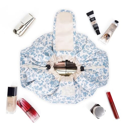 Narwey Lay Flat Open Drawstring Makeup Bag, Large Floral Cosmetic Bag for Women Girls, Cute Make up Bags with Handle, Travel Toiletry Bag for Skincare, Brushes & Travel Essentials (Blue Flower) - color: Y-Blue Flower