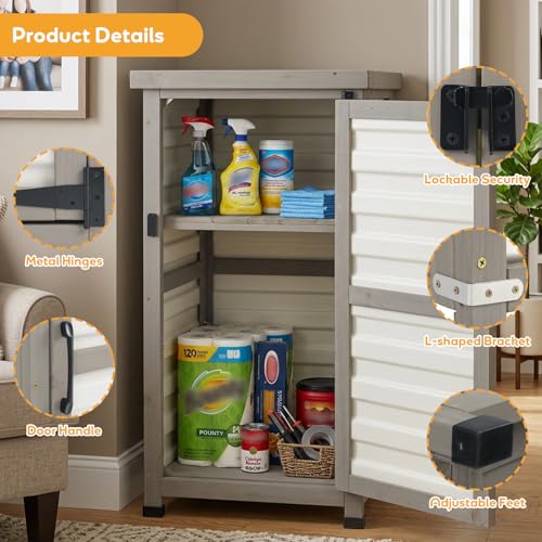 Outdoor Storage Cabinet with Metal Top, Wooden & Plastic Potting Bench & Tool Organizer, Adjustable Shelf for Patio Backyard Garden, Small Outdoor Cabinet for Tools - size: 18"L x 18"W x 33.5"H White