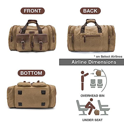 Wildroad 50L Travel Duffel Bag, Expandable Canvas Genuine Leather Duffle Bag Upgraded Overnight Weekender Carry on Bag - color: Coffee, size: Large-50L Duffle Bag