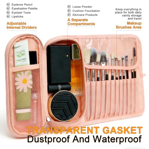 Folding Makeup Brush Bag,Travel Toiletry Bag with Separate Brush Compartment for Brushes & Skincare, Toothbrush Holder,Rollup & Open Flat cosmetic Organizer,Portable Waterproof &Hanging (Pink) - color: Pink