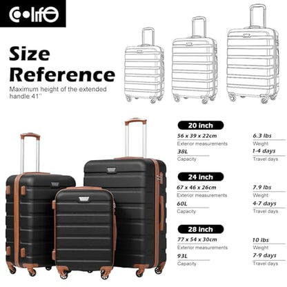 Coolife Luggage 3 Piece Set Suitcase Spinner Hardshell Lightweight TSA Lock - color: Apricot Black, size: 20in24in28in