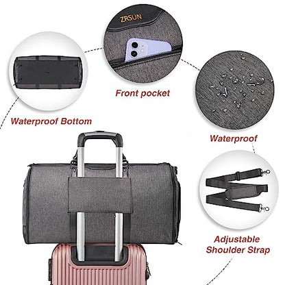 Garment Bag for Travel, Convertible Carry-On Duffel with Shoe Compartment, Waterproof & Wrinkle-Free Suit Carrier for Business Trips & Weekend Getaways, Foldable & Lightweight - color: Grey Black