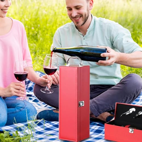 Bottle Wine Carrier, Leather Wine Gift Boxes, Gifts for Wedding, Anniversary, Travel, Party, Storage Box for Home Bar Collection With 4pcs Accessories Set (Red)