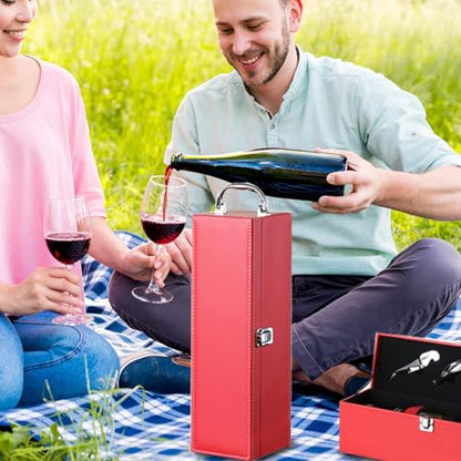 Bottle Wine Carrier, Leather Wine Gift Boxes, Gifts for Wedding, Anniversary, Travel, Party, Storage Box for Home Bar Collection With 4pcs Accessories Set (Red)