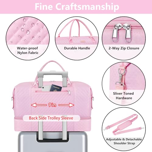 ITIEZY Weekender Overnight Bag for Women - Large Travel Duffel Bag with Shoe Compartment, Gym Duffel Bag Hospital Bag Carry On Tote Bags for Airplanes with Crossbody Bag Toiletry Bag 3Pcs Set - color: 9a-Pink