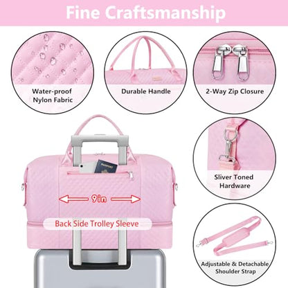 ITIEZY Weekender Overnight Bag for Women - Large Travel Duffel Bag with Shoe Compartment, Gym Duffel Bag Hospital Bag Carry On Tote Bags for Airplanes with Crossbody Bag Toiletry Bag 3Pcs Set - color: 9a-Pink