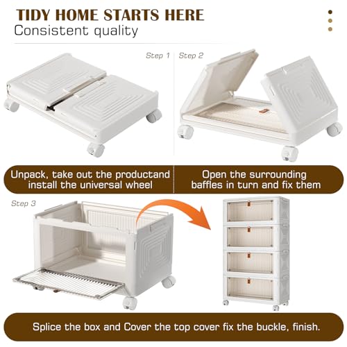 YFXCVSL 4 Tier Plastic Storage Bins with Lid 36QT, Stackable Storage Containers with Wheels, Folding Storage Boxes, Stackable Storage Bins, Organizers and Storage for Living Room,Office,Dorm - size: 4-Tier 36QT