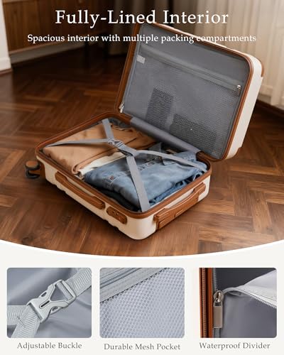 LONG VACATION Luggage Sets 5 Piece, Suitcases With Wheels, PC+ABS Hardshell Luggage Set with Spinner Wheels, TSA Lock (White Brown) - color: White Brown, size: 5 Piece Set (20, 24, 28 Inch)