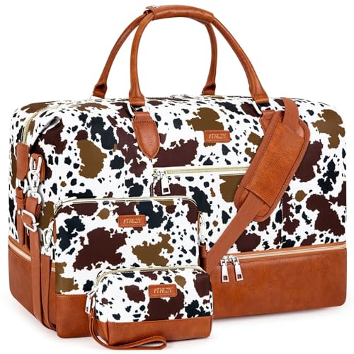 ITIEZY Weekender Overnight Bag for Women - Large Travel Duffel Bag with Shoe Compartment, Gym Duffel Bag Hospital Bag Carry On Tote Bags for Airplanes with Crossbody Bag Toiletry Bag 3Pcs Set - color: 5-Brown Cow