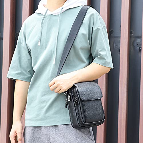Augus Leather Small Messenger Bag For Men Crossbody Handbag Shoulder Sling Travel Bags for Men Purse Daypack Magnetic Buckle - color: Black