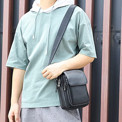 Augus Leather Small Messenger Bag For Men Crossbody Handbag Shoulder Sling Travel Bags for Men Purse Daypack Magnetic Buckle - color: Black