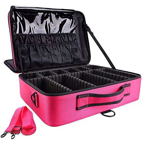 gzcz Large Capacity 16.5 inches Professional Travel Makeup Train Case Portable Artist Cosmetic Brush Organizer Storage Bag With Adjustable Dividers And Shoulder Strap for Toiletry Jewelry （Rose Red） - color: Rose Red, size: Large