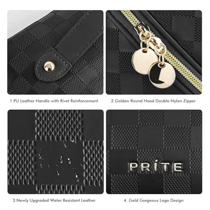 Prite Makeup Bag for Women Travel Waterproof Vegan Leather Cosmetic Bag Open Flat Toiletry Bag With Clear Divider and Handle (Plaid Black, Medium) - color: Plaid Black, size: Medium