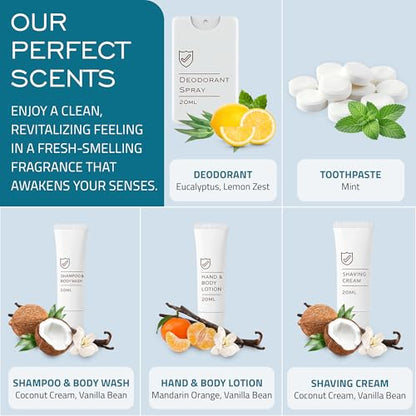 MY PROTECT KIT Travel Kit - 20 Pieces Travel Size Toiletries Set, Toothbrush, Shaver, Toothpaste Tablet, Shampoo & Body Wash, Shaving Cream, Lotion, Deodorant Spray, Pack of 6 - size: Travel Kit (Pack of 6)
