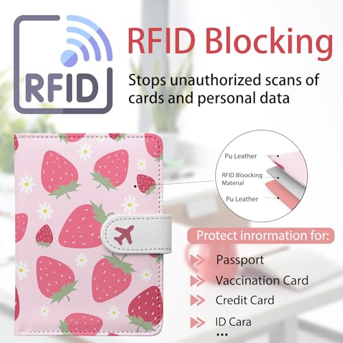 Passport Holder, Travel Wallet Cover with Pen Loop | Cute RFID Blocking Leather Case with Magnetic Closure for Travel Essentials-Strawberry - color: I-Strawberry