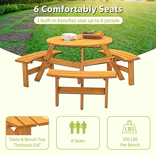 6 Person Circular Outdoor Wooden Picnic Table Sets for Patio Backyard Garden DIY w/3 Built-in Benches 1720lb Capacity, Natural - color: Natural-6-round