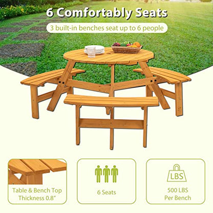 6 Person Circular Outdoor Wooden Picnic Table Sets for Patio Backyard Garden DIY w/3 Built-in Benches 1720lb Capacity, Natural - color: Natural-6-round