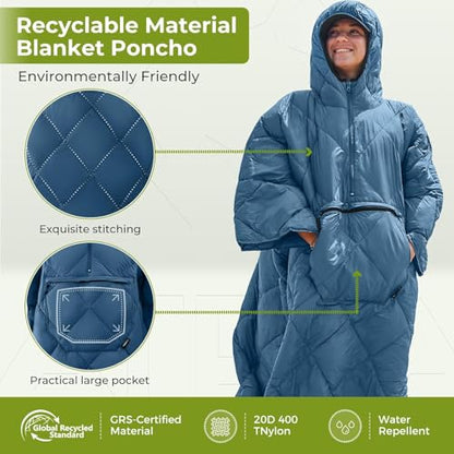 ATEPA Wearable Sleeping Bag Blanket Poncho, Recycled Water-Resistant Camping Poncho, Stadium Blanket for Outdoor Sports - color: Blue