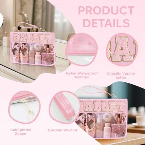 Chenille Letter Clear Zipper Pouch for Travel Preppy Patch Makeup Bag-Nylon Cosmetic Preppy Makeup Waterproof Organizer Bag Set for Women Valentines Bag (FS-BALLET) - color: FS-BALLET