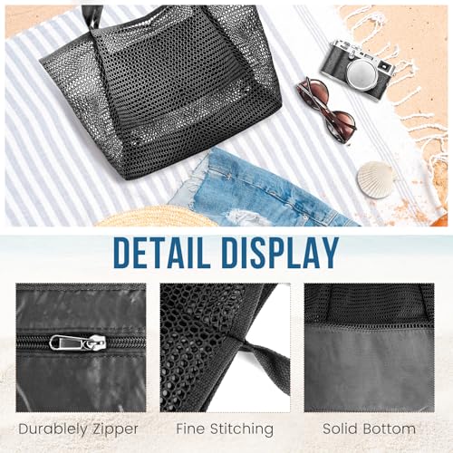 HOHOM Beach Bags for Women, Summer Travel Mesh Tote Bag with Large Inner Pocket, Sandproof Woven Shoulder Handbag - color: Coal Black