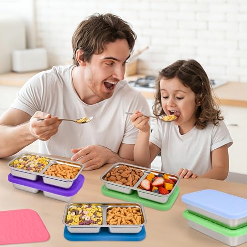 4 Pack Stainless Steel Snack Containers Set, Mixed Single & 2 Compartment Bento Boxes with Silicone Lids, Leakproof Food Storage for Meal Prep, Lunch, Travel, Picnic, Camping, Kitchen Organization - color: 1 & 2 Compartments – B