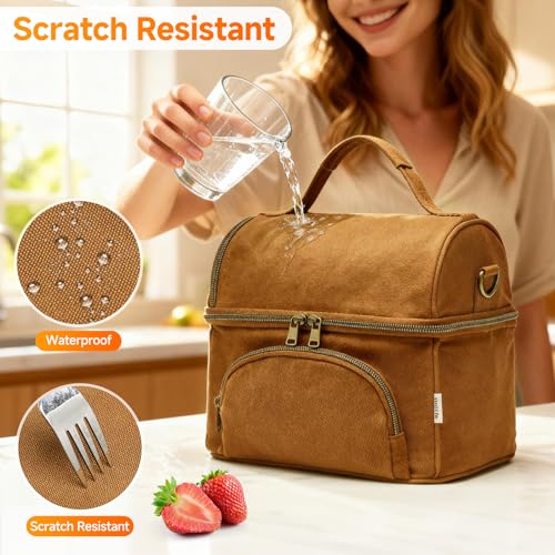 Waxed Canvas Lunch Bag with 2 XL Ice Packs, Canvas Lunch Box, Lunch Cooler for Men Work, 10.5L 2 Compartments Insulated Leakproof Cooler Bags for Camping, Beach and Road Trips - color: Biscuit Yellow