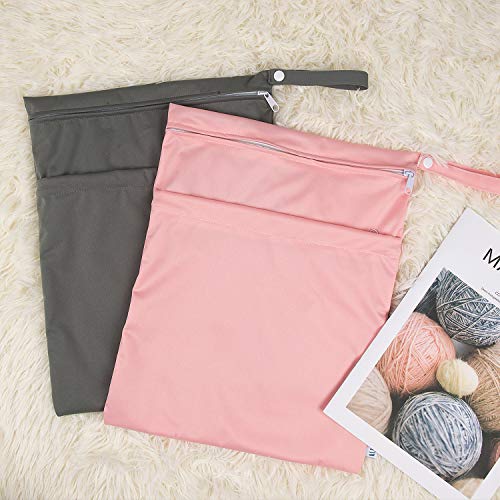 ALVA ALVABABY 2pcs Cloth Diaper Wet Dry Bags Waterproof Reusable with Two Zippered Pockets Travel Beach Pool Daycare Soiled Baby Items Yoga Gym Bag for Swimsuits or Wet Clothes L-B1929 - color: 02grey & pink