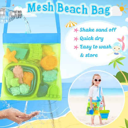 Collapsible Beach Toys for Kids Toddlers, Foldable Sand Bucket and Shovels Set with Mesh Bag & Sand Castle Building Kit, Travel Sand Toys for Beach Essentials, Sandbox Toys for Baby Kids Age 3-10
