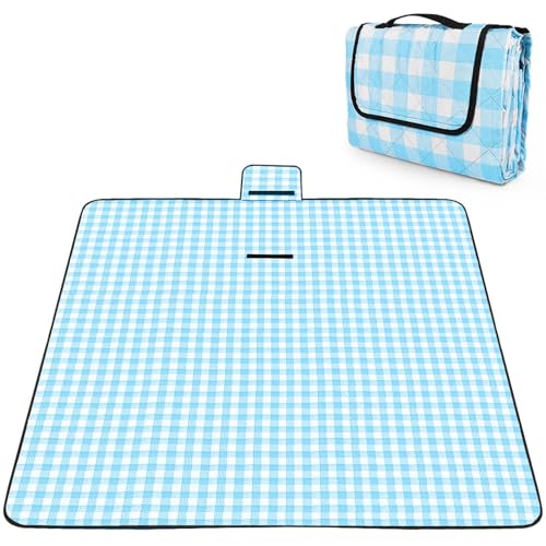 OBTANIM Extra Large Picnic Blanket 80 x 80 Inch Waterproof Foldable Beach Blankets Outdoor Picnic Mat for Camping Grass Lawn Park Music Festival Party Accessories (Blue and White) - color: Blue and White, size: 6'8" x 6'8" (Square)