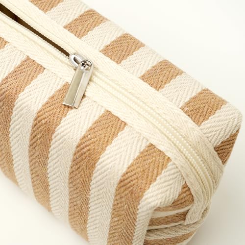 3 Pcs Makeup Bag Set Striped Canvas Purse Cosmetic Bag For Women Travel Toiletry Pouch Organizer pencil case (Khaki-White) - color: Khaki-White