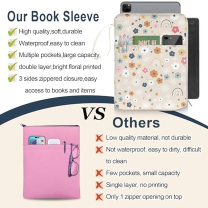 Rainbow Book Sleeve Pouch with Zipper, Paperback Book Protector Case,PU Leather Waterproof Book Pouch,Cute Floral Print Travel Book Carrying Case for Book Lovers Women,Book Cover for Hardcover