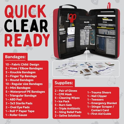 Portable First Aid Kit for Kids with CPR Shield - Ideal for Home, Car, School, Camping, and as a Travel First aid kit. Latex-Free Bandages – Children First Aid Guide by The Life Safety Pro - size: Medium