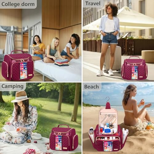 Large Toiletry Bag for Women Men,Bathroom Bag,Water Resistant Shower Bag,Makeup Bag,Toiletry Bags for Traveling,Hanging Toiletry Bag with Transparent Waterproof Phone Pocket (Wine Red) - color: Wine Red