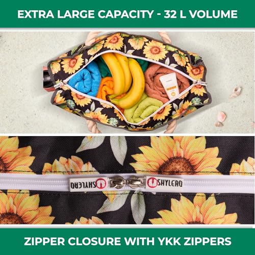 Beach Bag and Pool Bag Has Cooler Pocket, 7 Pockets Total, Zip Top. Family Size Waterproof Beach Tote - color: Blooming Sunflowers