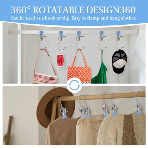 50PCS Space-Saving Clothespin Hat Pants Storage Hanging Travel Hook, Portable 360° Rotating Stainless Steel Hanging Hook Clips Towel Clips,Laundry Hooks Hanging Clips with Clips for Home and Travel - color: Blue