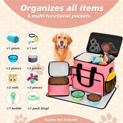 5 Set Dog Travel Bag for Supplies, Dog Lovers, Large Pet Travel Kit Includes 2 Food Containers, 2 Collapsible Bowls, Pink - color: Flamingo Tourmaline