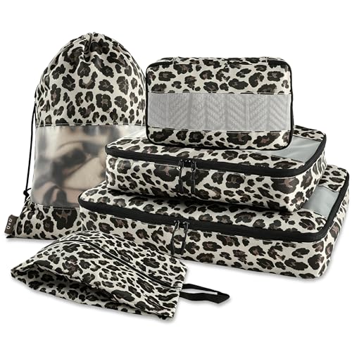 U+U 5 Set Packing Cubes for Travel Essentials Ultralight Luggage Packing Organizers with Laundry Bag and Shoe Bag for Vacation, Business Trip and Camping (Leopard) - color: Leopard