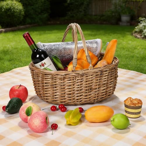 Wicker Picnic Basket with Insulated Lined Bag 15“ x 11” x 7“ Red, White,Blue Star Stripe Pattern, Iced Beer Insulated Bag for Camping, Picnics, Birthday Gifts, Wedding Gifts - color: Classic Red and Blue Stripes