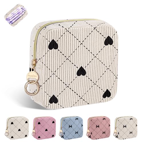 Period Bag for Teen Girls, Corduroy Hearts Sanitary Napkin Storage Bag, Cute Menstrual Pad Pouch Tampon Holder for Purse (Hearts-Beige) - color: Hearts-Beige