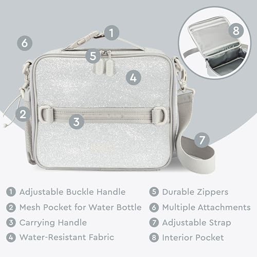 Bentgo Kids Lunch Bag - Double-Insulated, Reusable Lunch Bag for Kids 3+ with Adjustable Strap; Holds Lunch Box/Water Bottle/Snacks; Easy-Clean, Water-Resistant & Pockets (Glitter Edition - Silver) - color: Glitter Edition - Silver