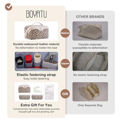 BOYATU Travel Makeup Bag Organizer: 3 Pcs Set Leopard Make up Bag for Women | Vegan Leather Cosmetic Bags with Compartments - Waterproof Toiletry Bag - 180° Open-Flat Make up Case for 3-15 Day Trips - color: 02-Beige