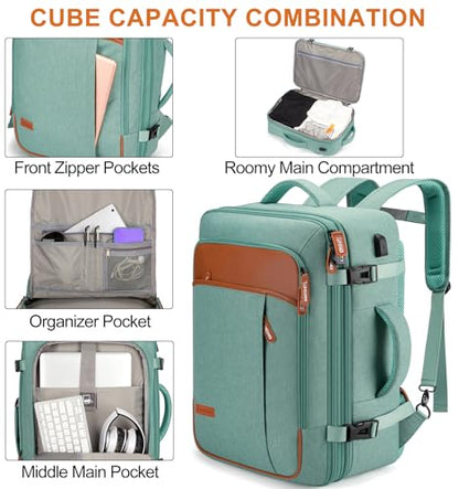 Lumesner Carry on Travel Backpacks, Extra Large 40L Flight Approved Bag for Men & Women,Expandable Suitcase Backpack With 4 Packing Cubes,Water Resistant Luggage Daypack Business Weekender Bag, Green - color: Green