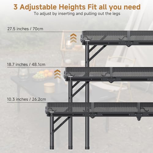 Folding Camping Table, 34.2" x 15.7" Picnic Table with 3 Adjustable Height Max 27.5", Matte Mesh Black Aluminum Folding Table with Handle for Party, Dining, Garden, Patio, Market - style: 3-Fold Mesh Tabletop