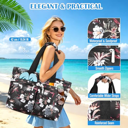 HUANLANG Large Beach Bags for Women Pool Bag with Zipper, Waterproof Sandproof Beach Tote Travel Bag with Wet Pocket - color: Black Floral